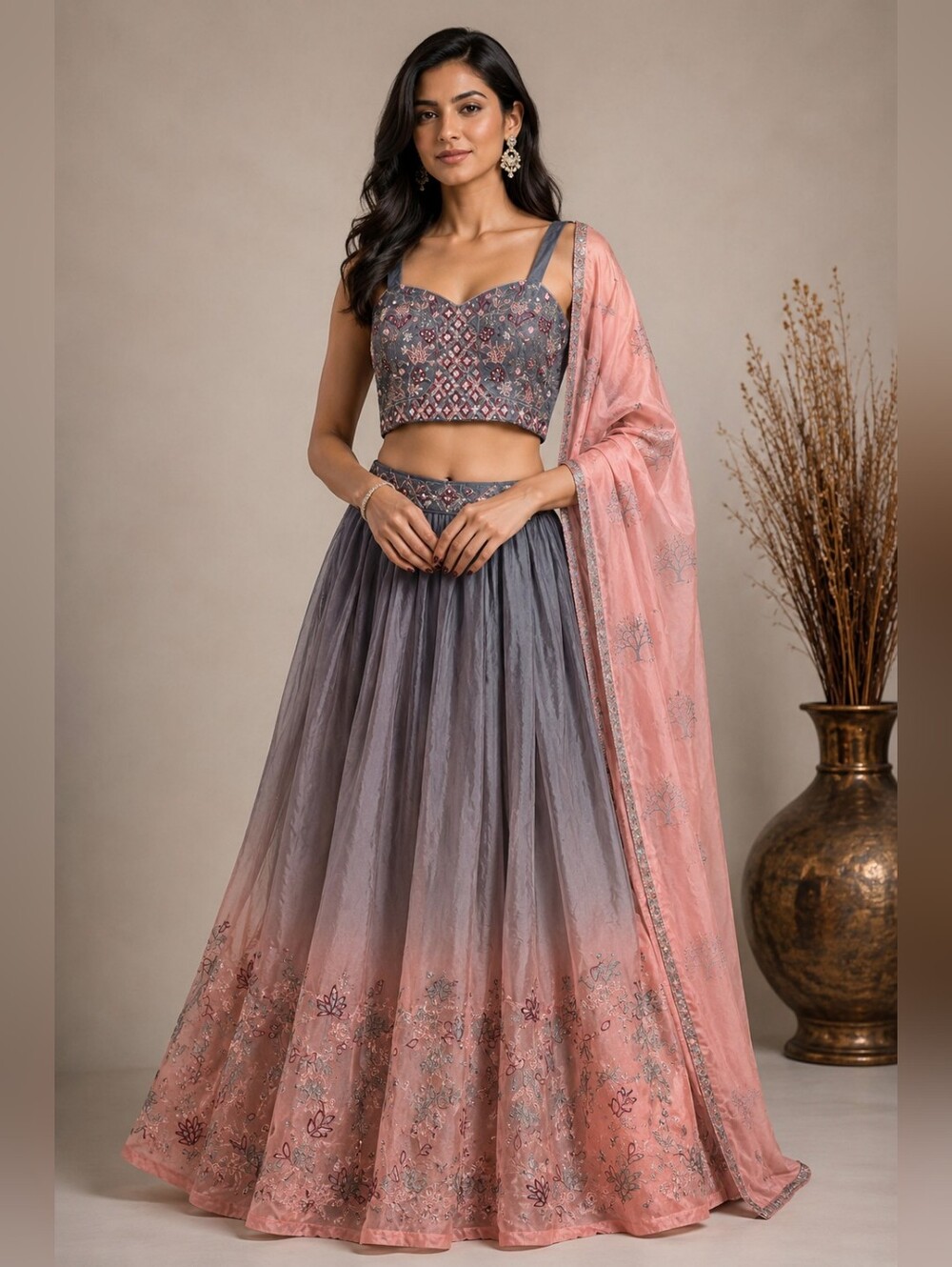Grey & Blush Pink Embroidered Lehenga Choli Set with Printed Dupatta XS